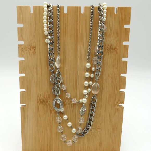 Layered Necklace 22" Silver Tone Chain Imitation Pearls Lucite Beads Multi Layer - Picture 8 of 13